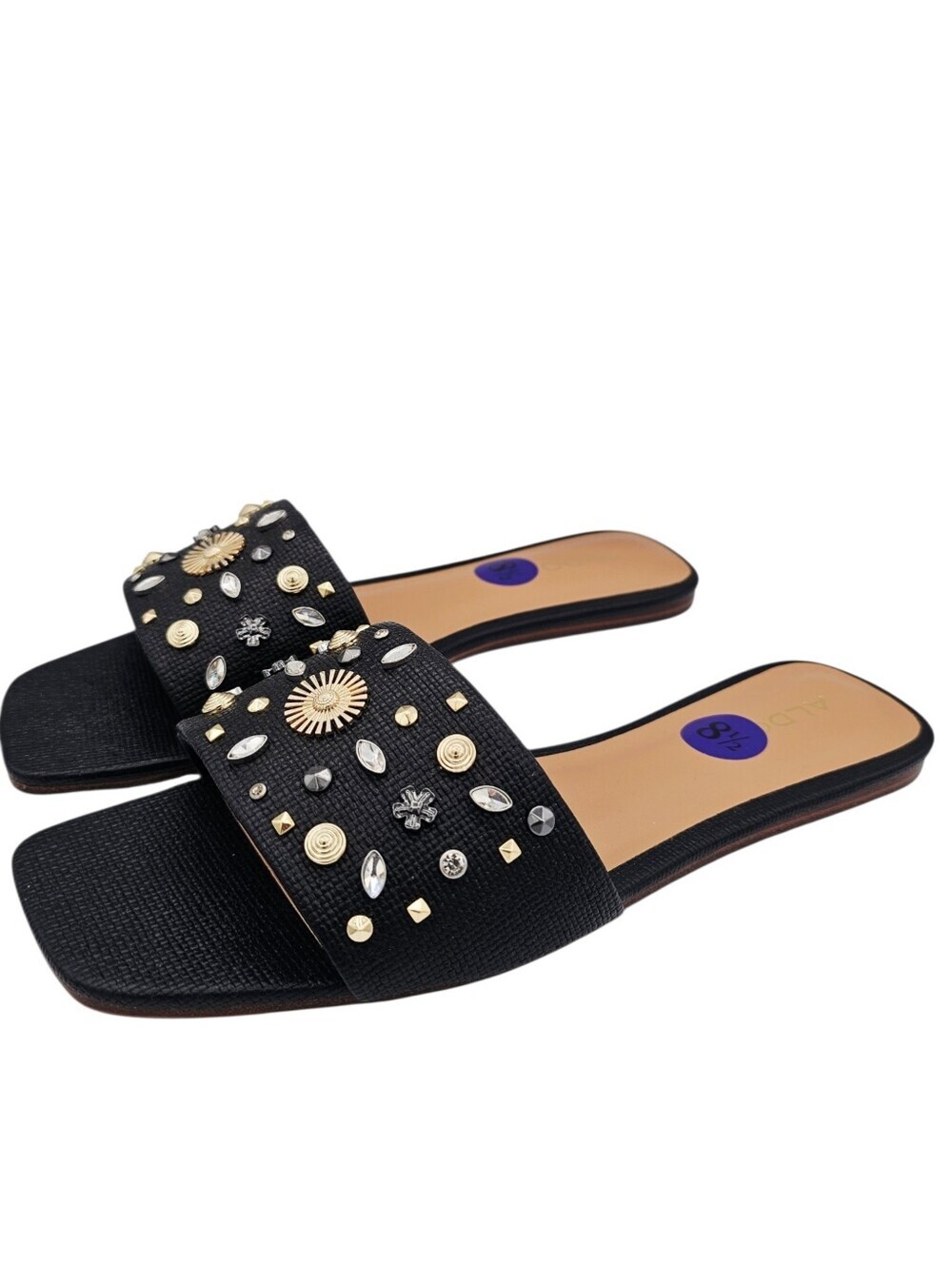 ALDO Itsandal Black Slide Sandals with Studded Rhinestones Embellishments NWOT - Picture 3 of 11